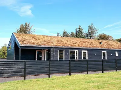 a black house with a metal roof on a field at 8 person holiday home in Saltum-By Traum in Saltum