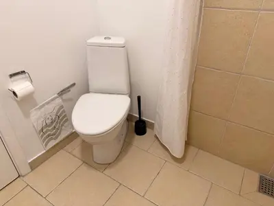 a white toilet in a bathroom with a shower at Guesthouse Hune in Blokhus
