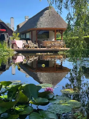 a gazebo with chairs and a pond with lilies at Holmsminde in Viborg