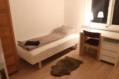 a small bed in a room with a desk and a rug at Holstebro Townside House in Holstebro