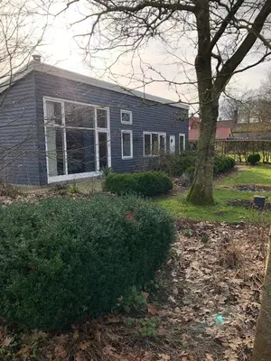 a blue house with a tree in front of it at Fly B&B in Skive
