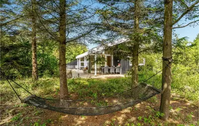 a hammock in front of a house in the woods at Nice Home In Vestervig With Wifi in Vestervig