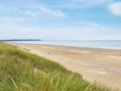 a sandy beach with grass and the ocean at 6 person holiday home in Brovst in Brovst