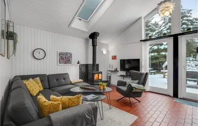 a living room with a couch and a fireplace at Nice Home In Thisted With Sauna in Thisted
