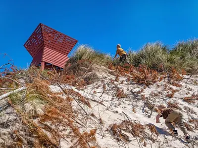 two men are walking up a sand hill at 6 person holiday home on a holiday park in Blokhus in Blokhus