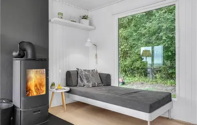 a bed with a fireplace in a room with a window at Amazing Home In Roslev With Wifi in Roslev