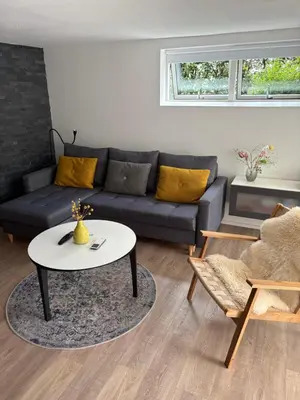 a living room with a couch and a table at Nyistandsat højloftet kælderlejlighed på 70 m2 i Viborg centrum, med plads til 4 personer in Viborg