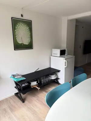 a living room with a table and chairs at Nyistandsat højloftet kælderlejlighed på 70 m2 i Viborg centrum, med plads til 4 personer in Viborg