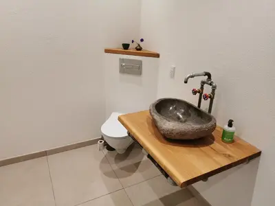 a bathroom with a sink and a toilet at Rikke og Franks Svineri in Lemvig