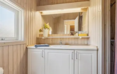 a bathroom with a sink and a mirror at Pet Friendly Home In Pandrup With Sauna in Pandrup