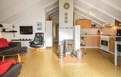 a kitchen and a living room with a fireplace in a room at Two-Bedroom Holiday Home In Thisted in Thisted