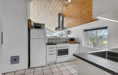 a kitchen with white appliances and a wooden ceiling at Holiday Home Gunhildsvej Vestervig Vi in Vestervig