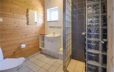 a bathroom with a toilet and a sink and a shower at Awesome Home In Spøttrup With Sauna in Spottrup