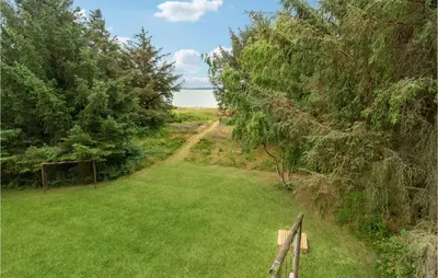 a bench in the middle of a field with trees at Strandbo in Thyholm