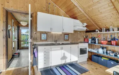 a kitchen with white appliances and a wooden ceiling at Holiday Home Agathesvej Løgstør V in Løgstør