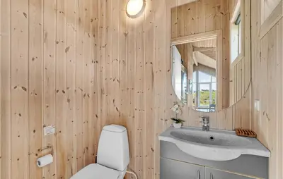 a bathroom with a toilet and a sink and a mirror at Holiday Home Svenstibakkevej Denmark I in Frøstrup
