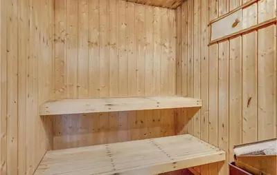 a wooden sauna with a wooden shelf in it at Pee Klims Hus in Brovst