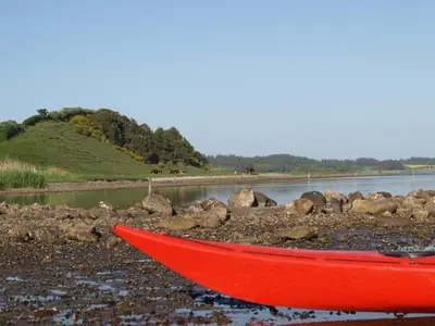 a red boat sitting on the shore of a body of water at Fadeburet på Skibstedgaard in Tvolm