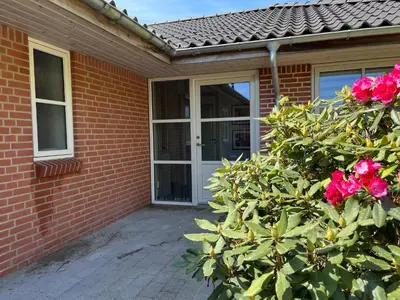a brick house with a door and a bush with roses at Kørestolsvenligt dbl. vær. in Nykøbing Mors