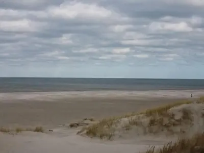 an empty beach with the ocean in the background at 6 person holiday home in Løkken-By Traum in Løkken