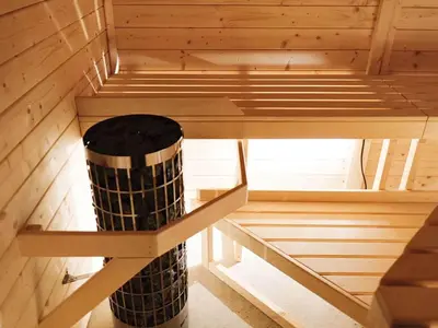 an empty sauna with a trash can in the middle at 8 person holiday home in Vesløs-By Traum in Vesløs