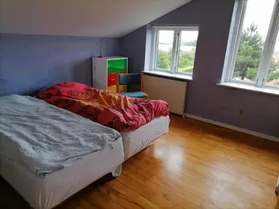 a bedroom with a bed and two windows at Thisted Øst Bed & No Breakfast in Thisted