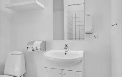 a white bathroom with a sink and a toilet at Stunning Home In Pandrup With Kitchen in Pandrup