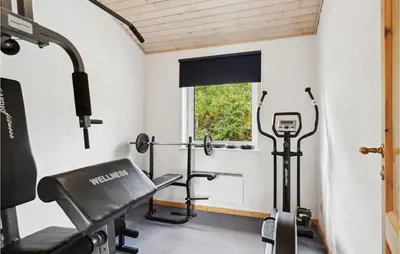 a fitness room with a treadmill and a window at Lovely Home In Fjerritslev With Wifi in Fjerritslev