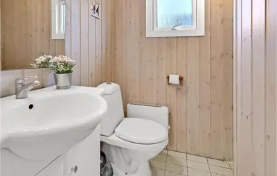 a bathroom with a white toilet and a sink at Stunning Home In Hanstholm With Wifi in Hanstholm