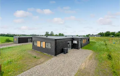 a black modular house on a grassy field at 4 Bedroom Awesome Home In Løgstrup in Løgstrup