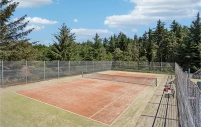 a tennis court with a net and some trees at Amazing Home In Blokhus With Wifi in Blokhus