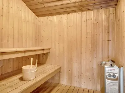 a wooden sauna with a washer and dryer in it at Holiday Home Palli - 600m from the sea by Interhome in Torsted