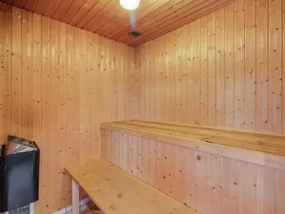 a wooden sauna with a television in it at Holiday Home Annemia - 200m from the sea by Interhome in Torsted