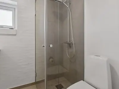 a shower with a glass door next to a toilet at Holiday Home Milena - 600m from the sea by Interhome in Torsted