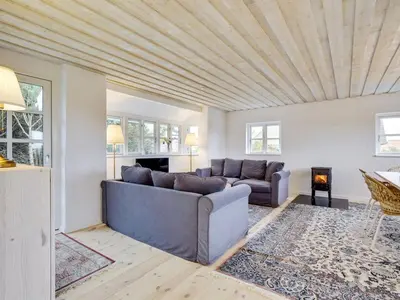 a living room with a couch and a fireplace at Holiday Home Meindor - 350m from the sea by Interhome in Torsted