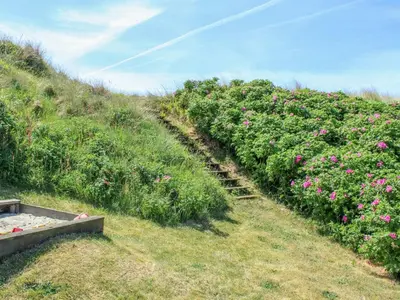 a row of bushes with pink flowers on a hill at Holiday Home Tulir - 300m from the sea by Interhome in Løkken