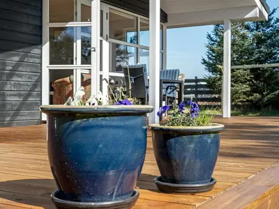 two large blue pots with flowers in them on a porch at Holiday Home Troels - 750m from the sea by Interhome in Løkken