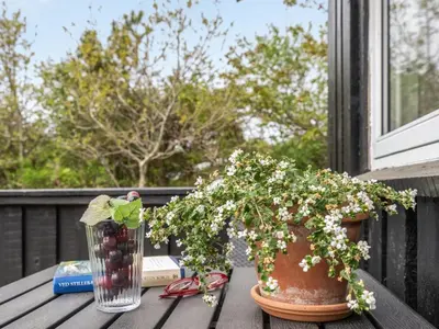 a table with a vase and a plant on a porch at Holiday Home Birette - 1-5km from the sea by Interhome in Blokhus