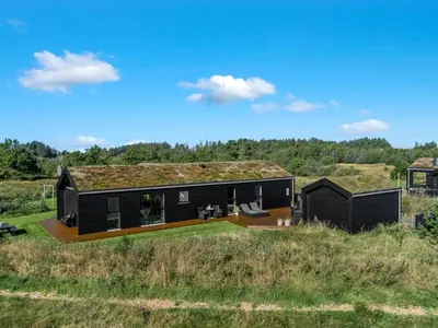 a black house with a grass roof at Holiday Home Javorka - 1-4km from the sea by Interhome in Saltum