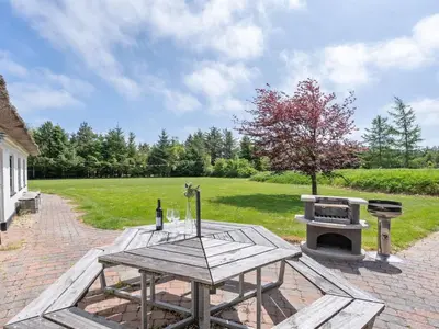 a picnic table with a grill in a yard at Holiday Home Iben - 2-3km from the sea by Interhome in Saltum