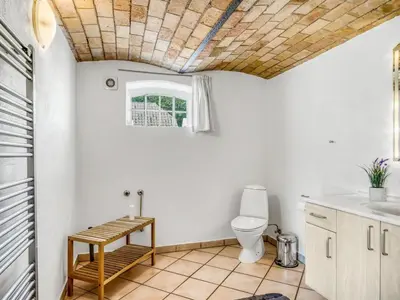 a bathroom with a toilet and a wooden ceiling at Holiday Home Kara - 100m to the fjord by Interhome in Fur