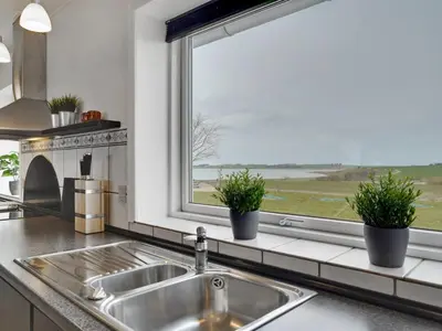 a kitchen sink with two potted plants in front of a window at Holiday Home Imilie - 250m to the fjord by Interhome in Redsted