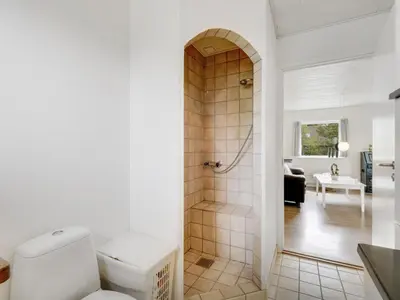 a bathroom with a toilet and a walk in shower at Holiday Home Mikkeline - 400m to the fjord by Interhome in Øster Assels