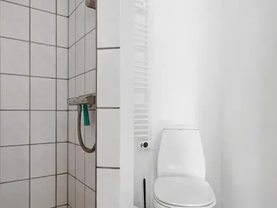 a white bathroom with a toilet and a shower at Holiday Home Karitte - 5km from the sea by Interhome in Fjerritslev