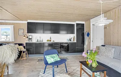 a living room with a couch and a kitchen at Amazing Home In Pandrup With Kitchen in Pandrup
