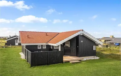 a black house with an orange roof on a green field at 3 Bedroom Stunning Home In Thisted in Thisted