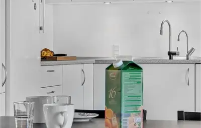 a kitchen with white cabinets and a carton of milk at Gorgeous Home In Nykøbing M With Wifi in Tødsø