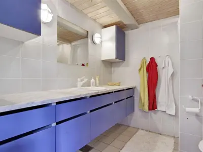 a bathroom with blue cabinets and a sink at Holiday Home Pauliina - 10m to the fjord by Interhome in Roslev
