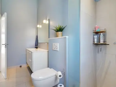 a bathroom with a white toilet and a shower at Holiday Home Grimar - 600m from the sea by Interhome in Torsted